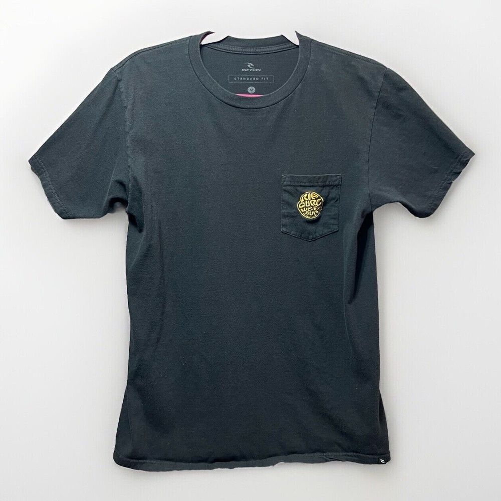 Rip Curl T Shirt Mens Medium Black Short Sleeve Embroidered Pocket Crewneck